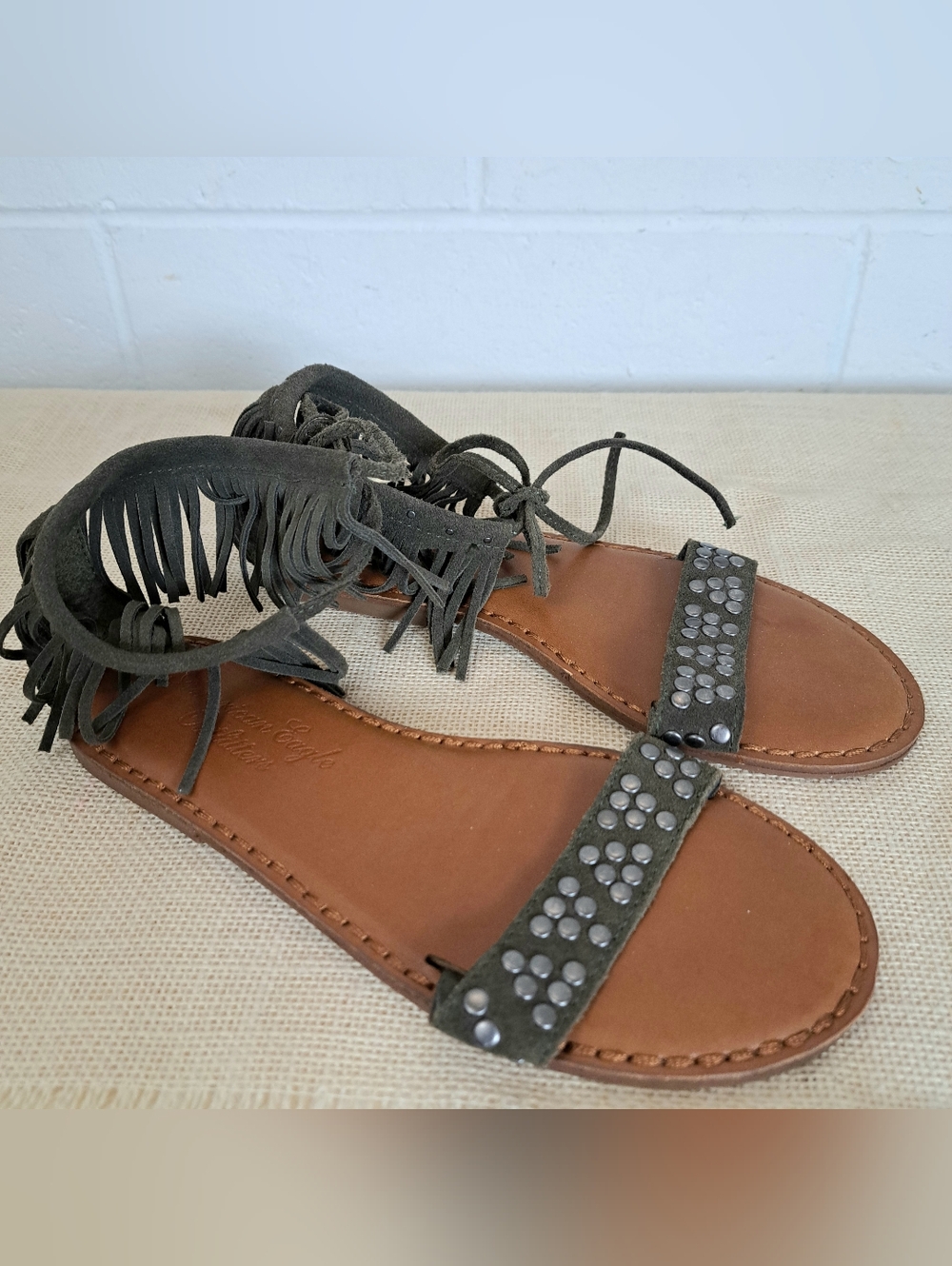 Women's Green Gray Fringe Studded Gladiator Sandals Sz7.5
